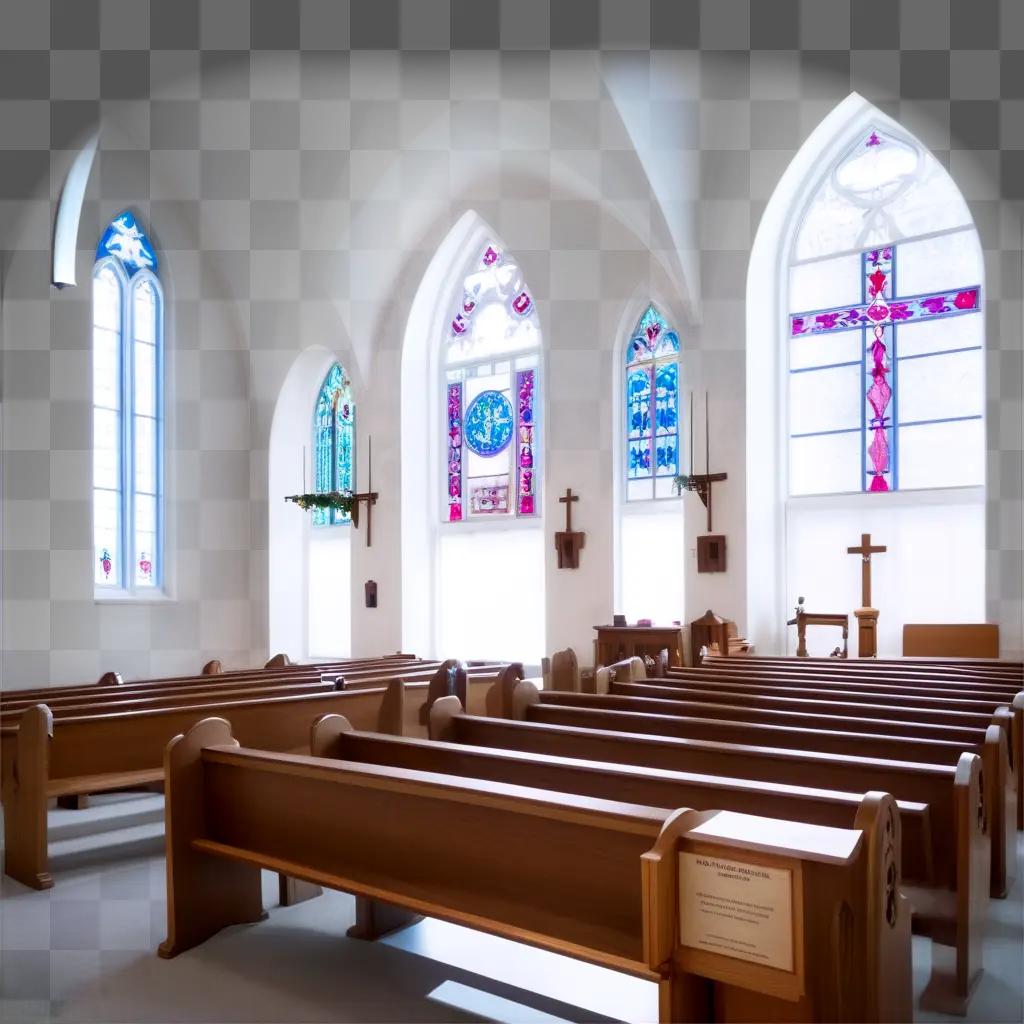 church with stained glass windows and wooden pews