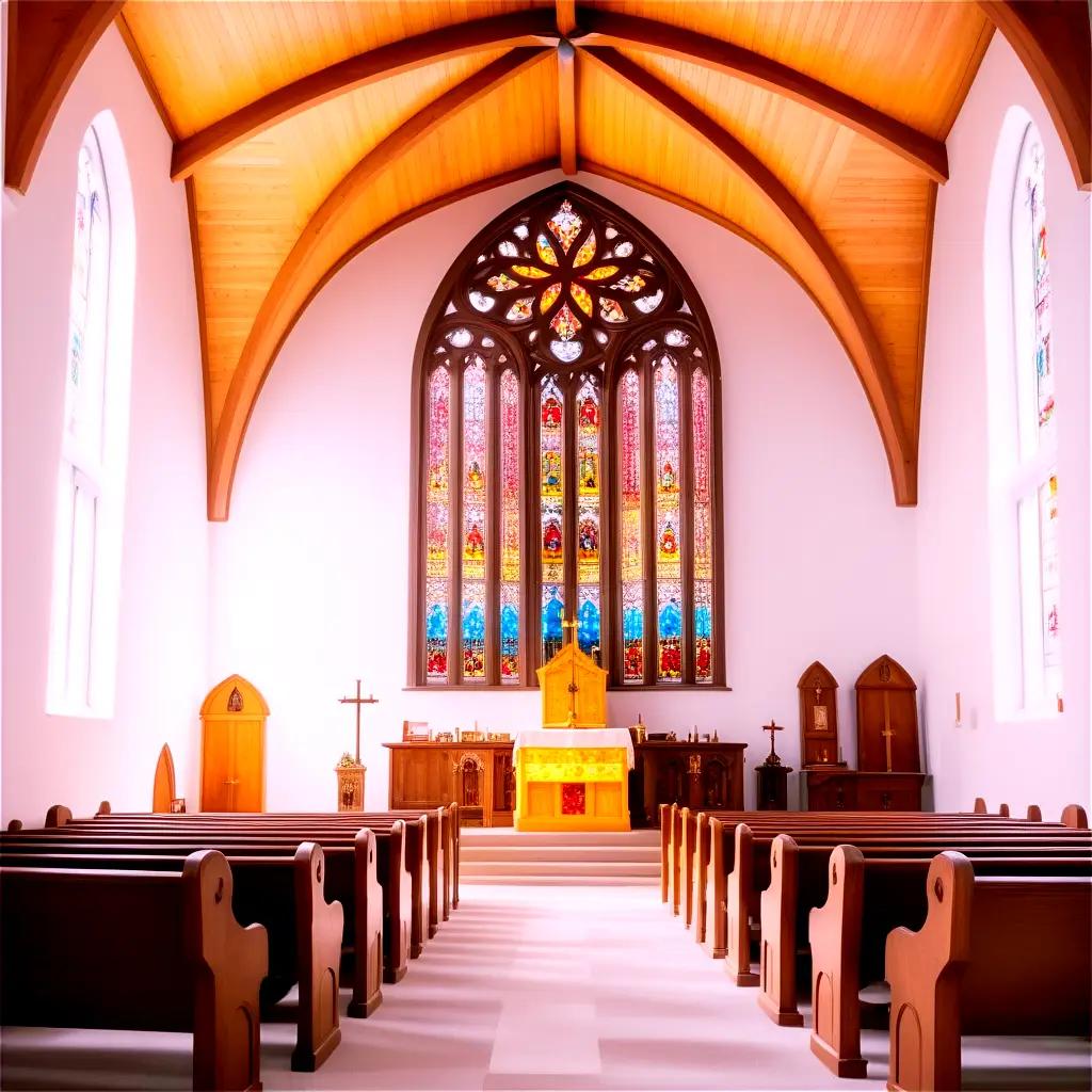 church with stained glass windows and wooden pews