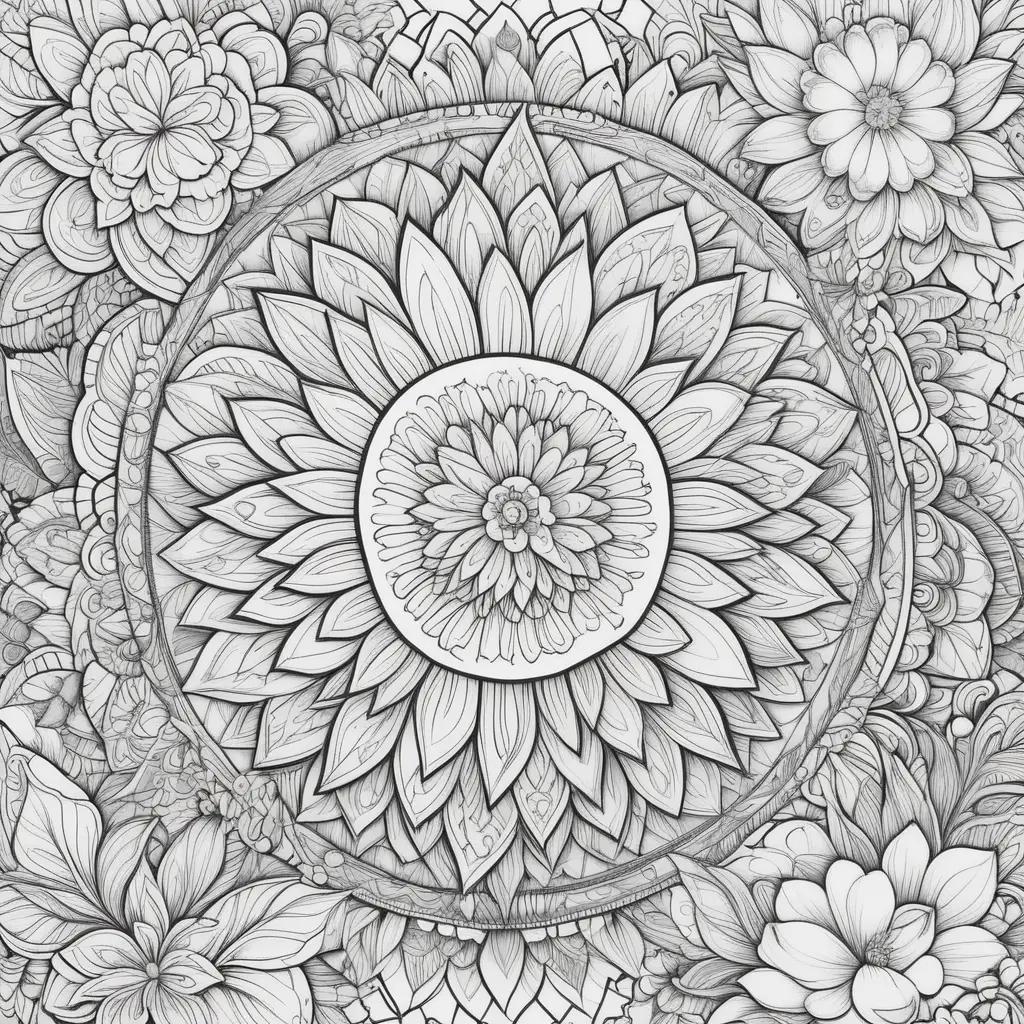 circle of flowers in black and white coloring pages