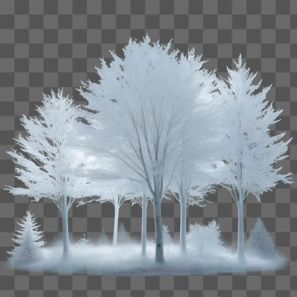 circle of trees, some transparent, in a misty landscape