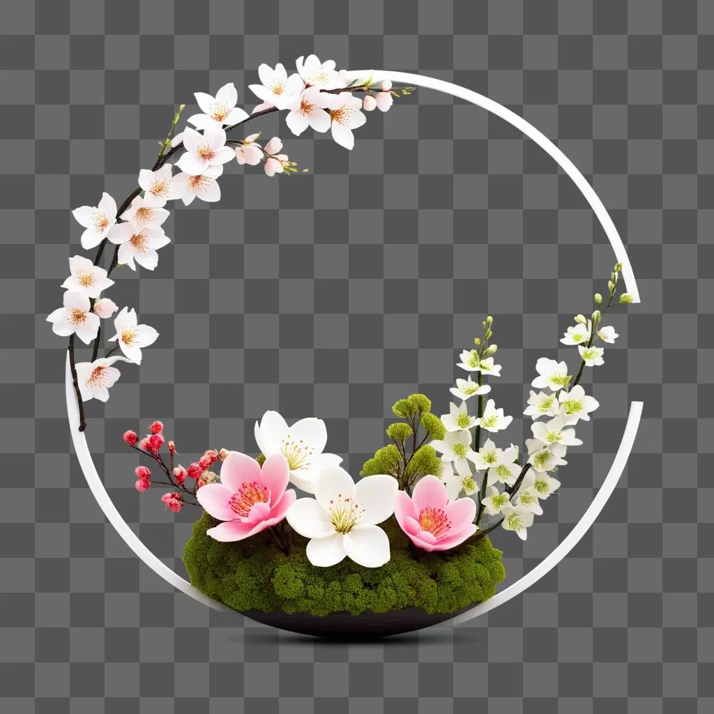 circular flower arrangement with a pink flower at the center