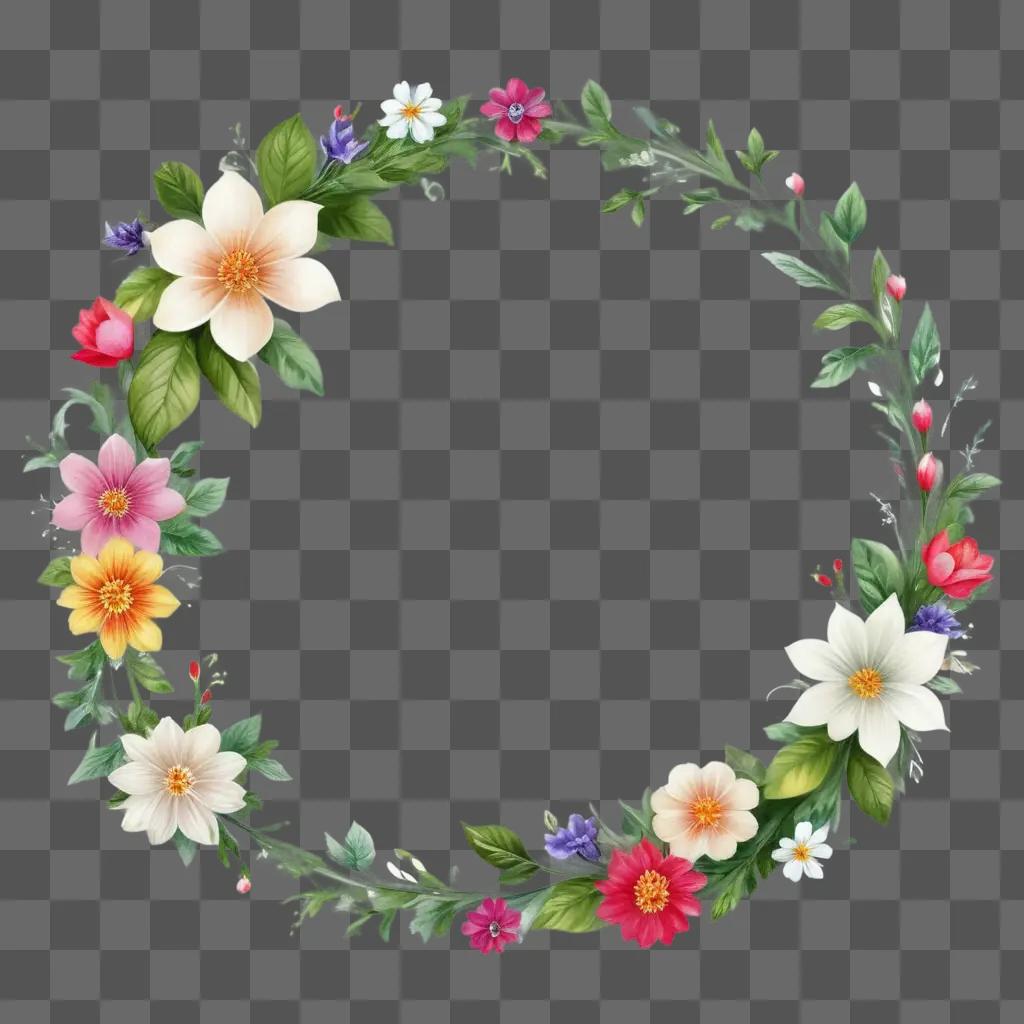 circular garland of flowers and leaves against a transparent background