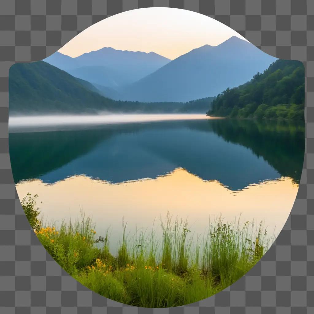 circular image of a lake and mountains with a token in the center