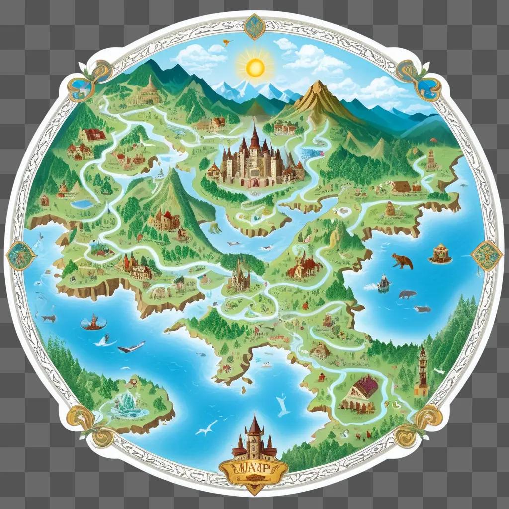 城と動物が描かれた円形の地図