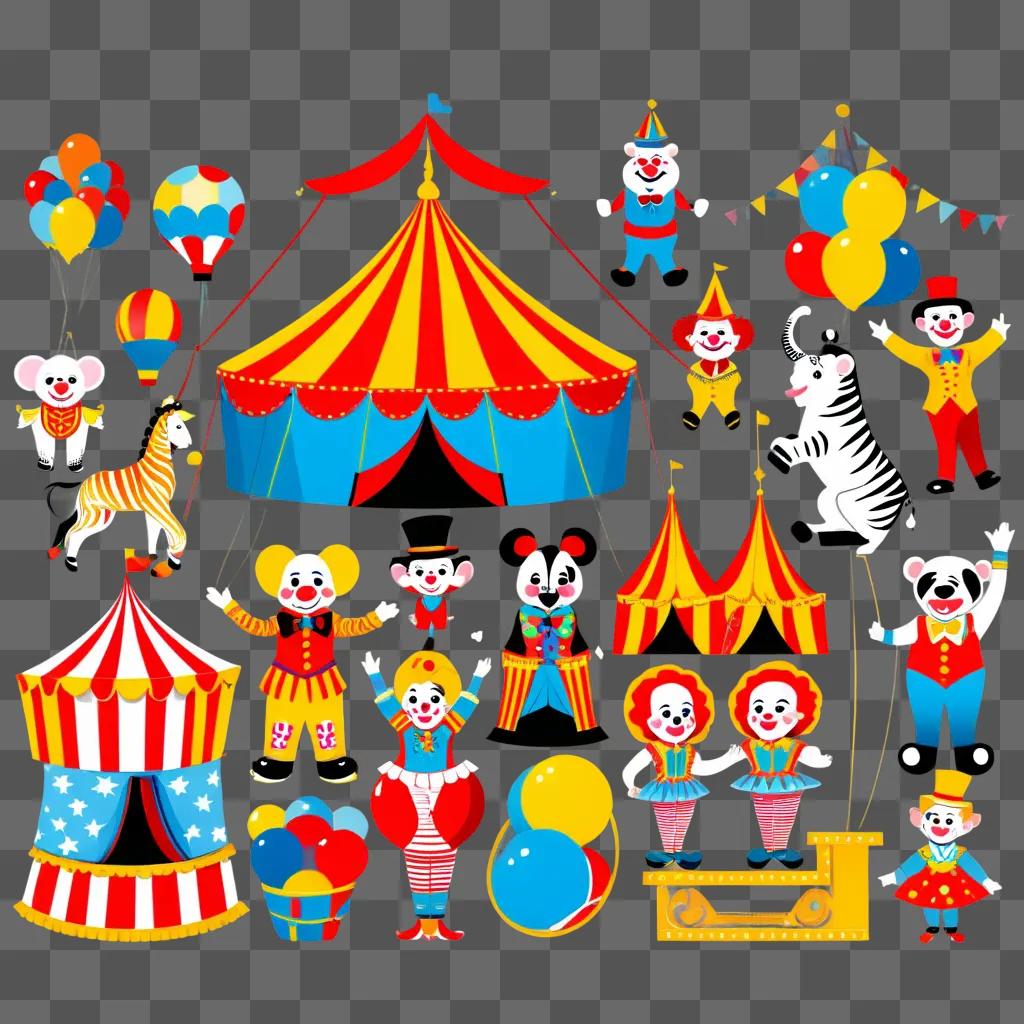 circus with clowns and balloons in a tent