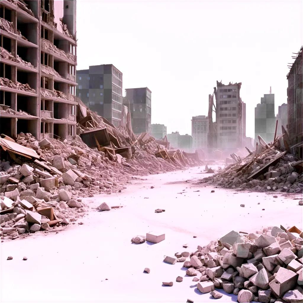 city in rubble with buildings on the left side of the road