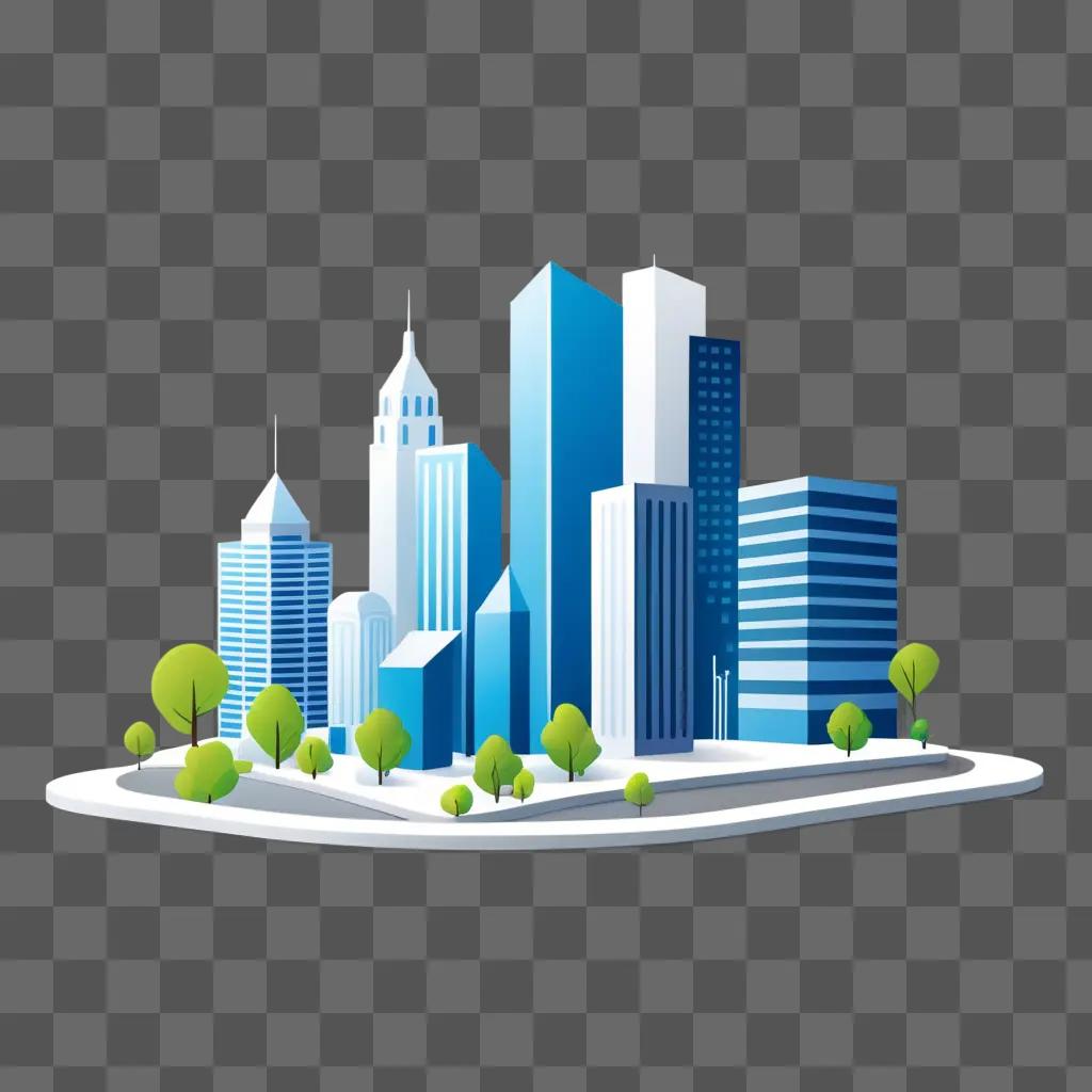 city location icon featuring buildings, trees, and a street