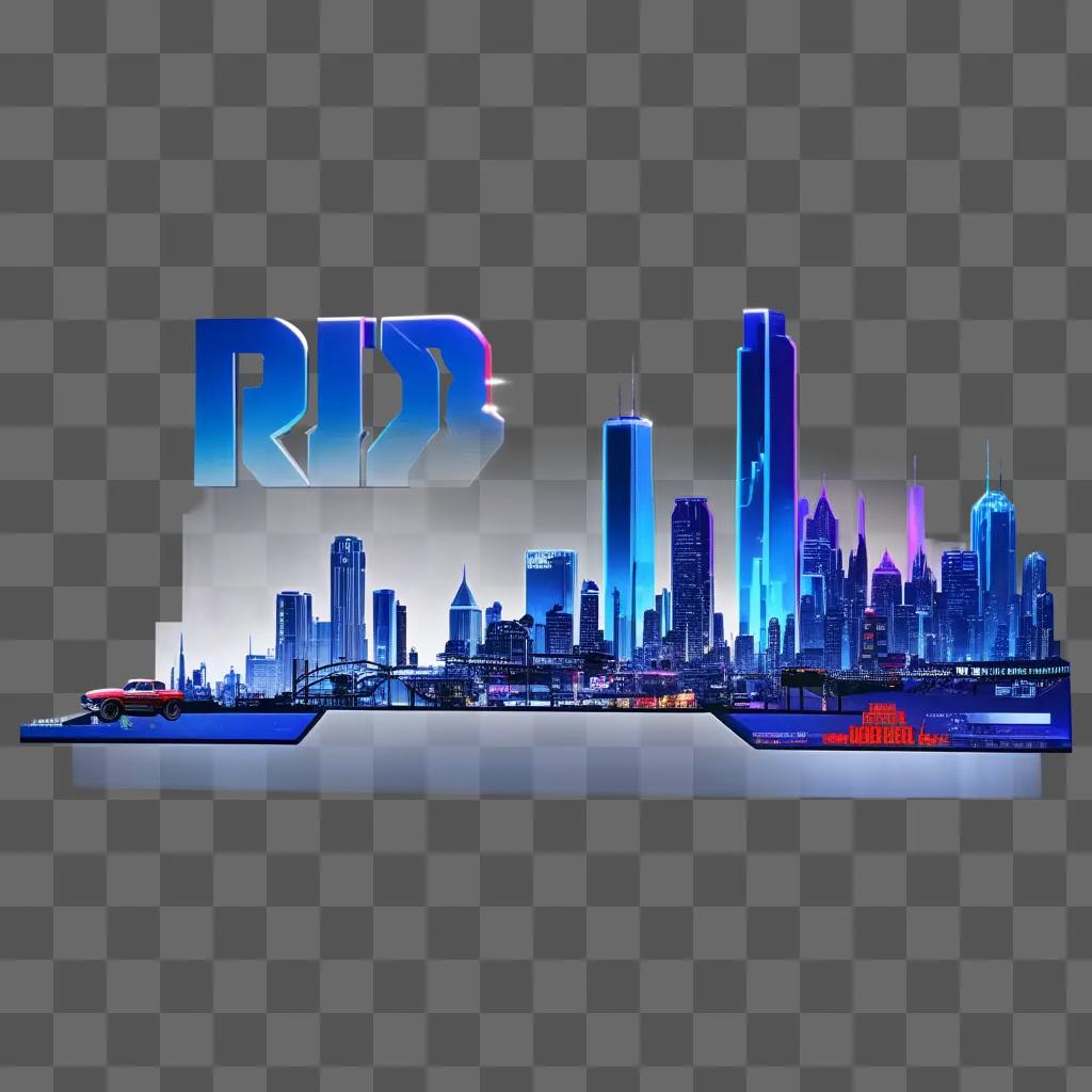 city skyline and the word RDR2 on a blue background