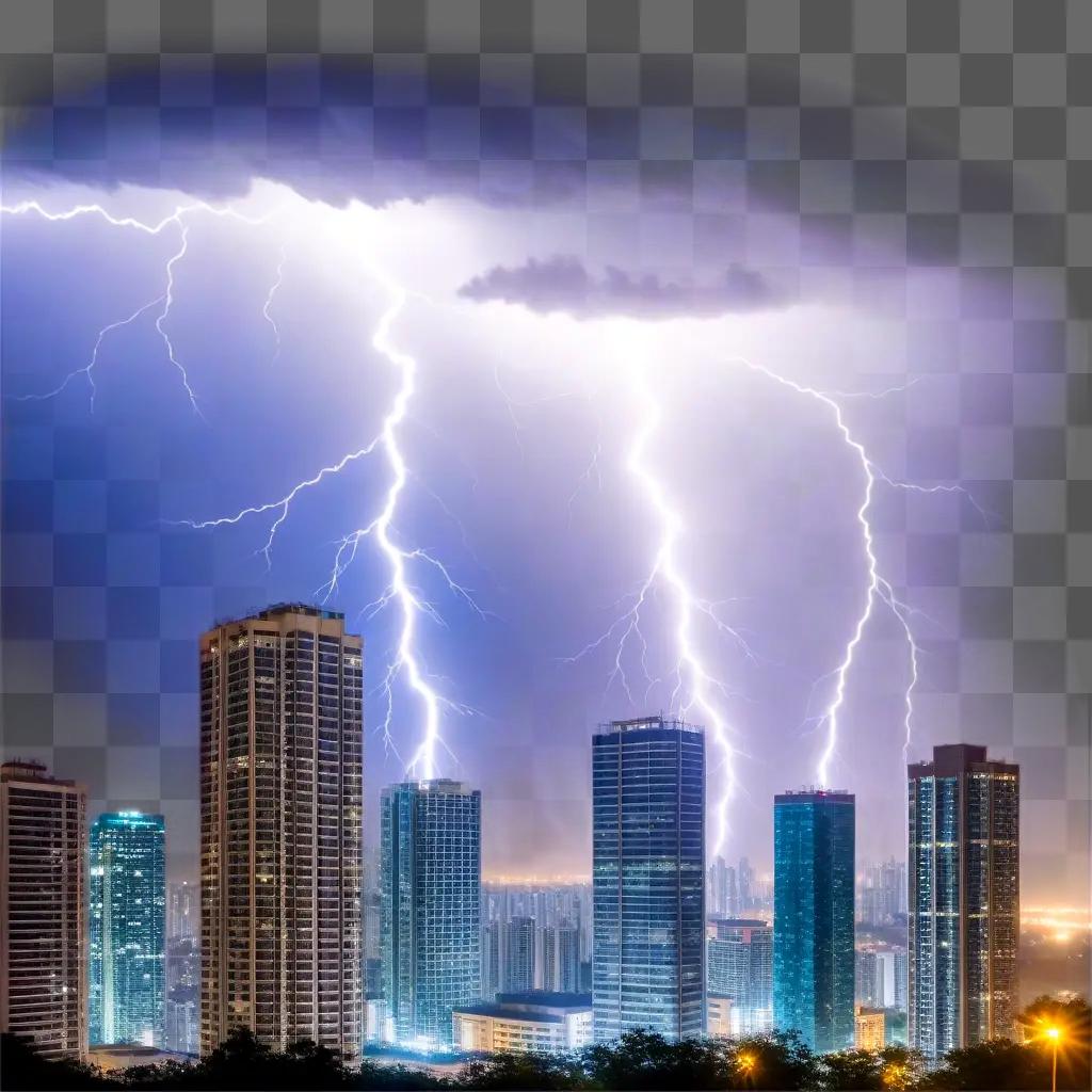 city skyline bathed in lightening