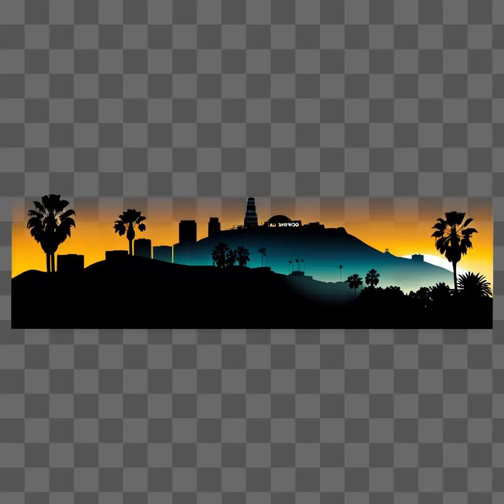 city skyline with palm trees at sunset