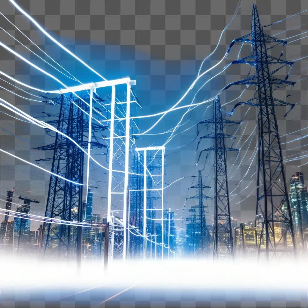 city skyline with power lines and electrical poles