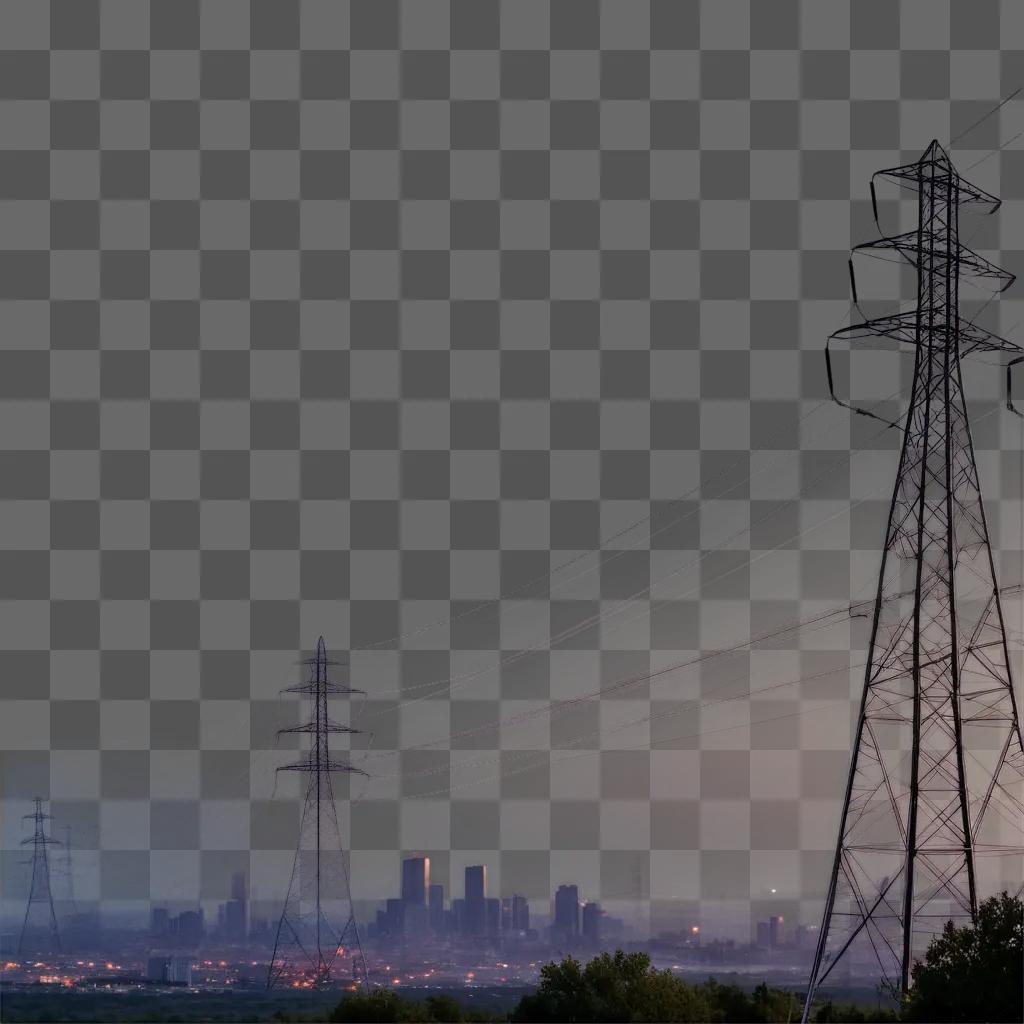 city skyline with power lines and lights