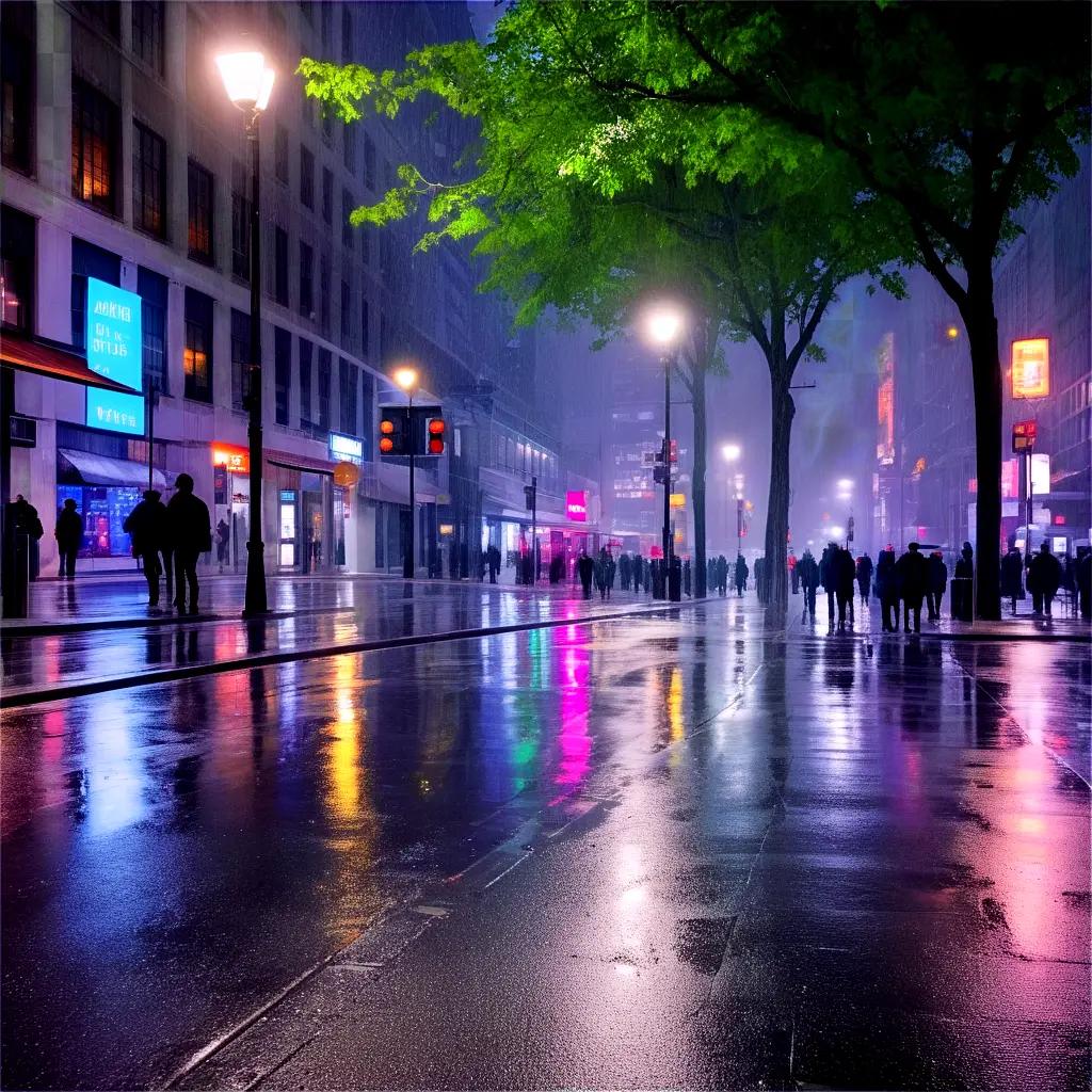 city street at night with leaves on the ground