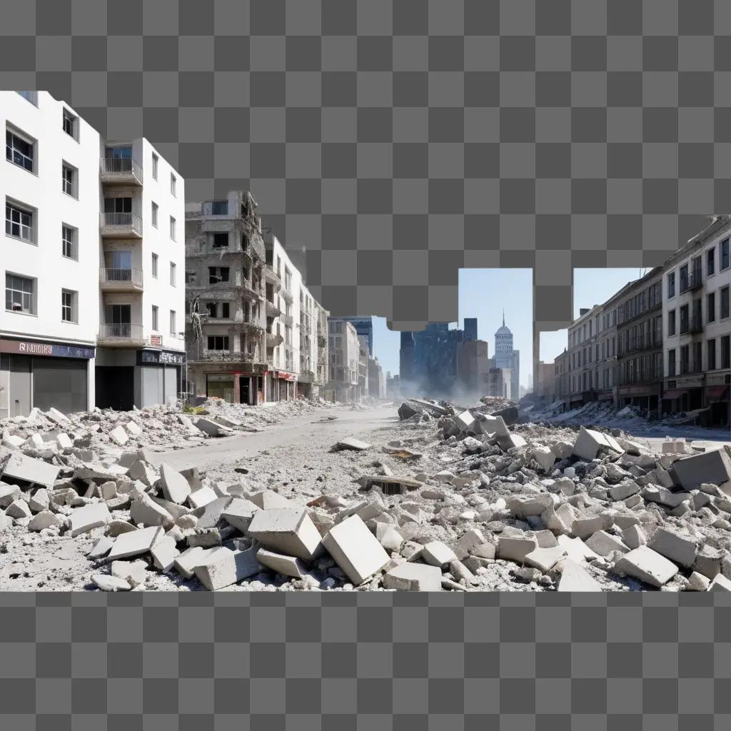 city street filled with rubble and debris