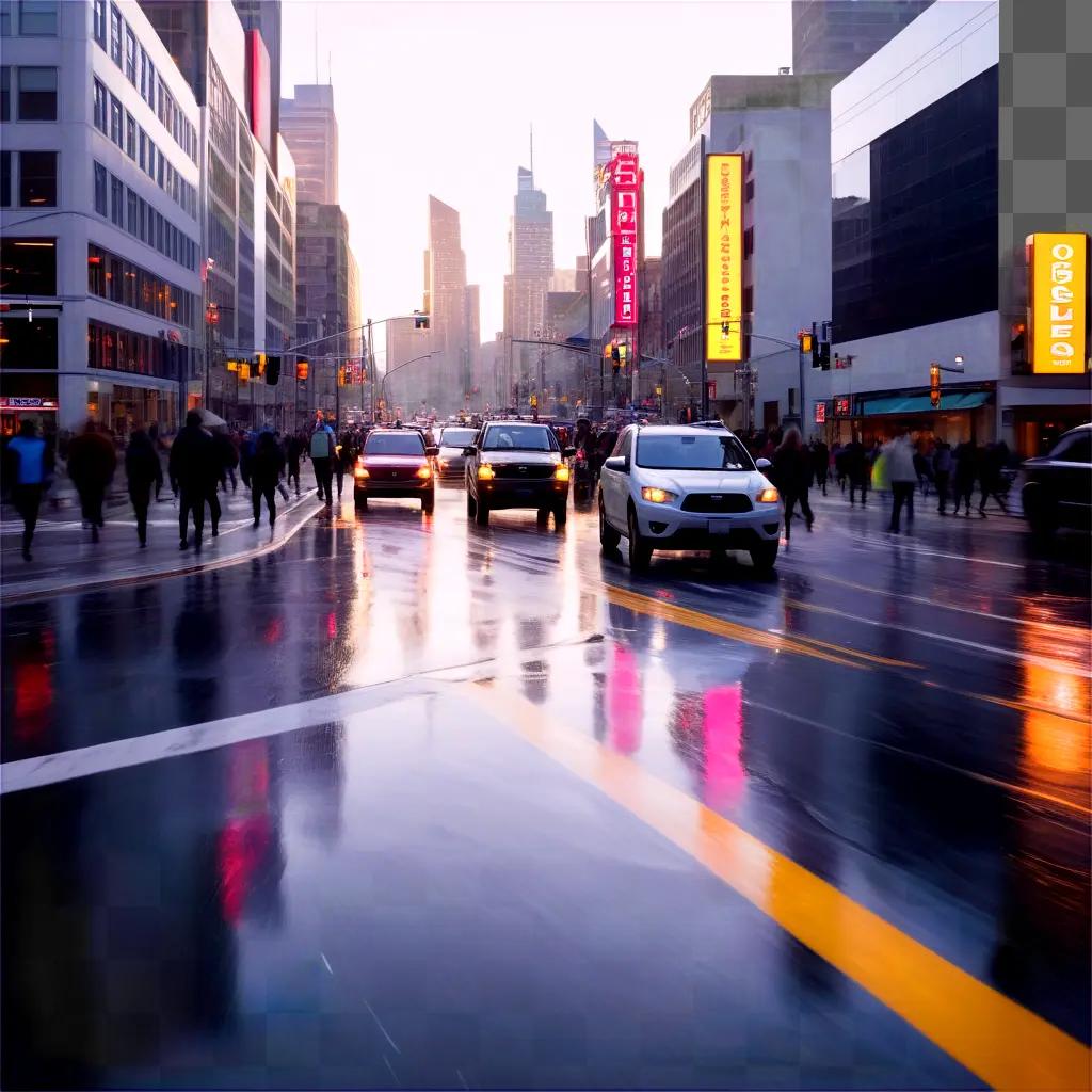 city street with people and vehicles on a wet roadway