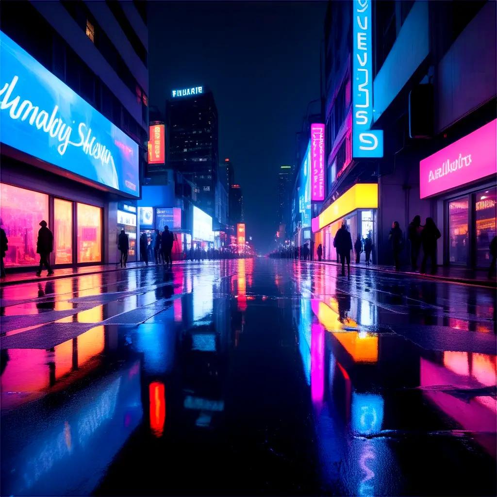 city street with reflections of neon lights