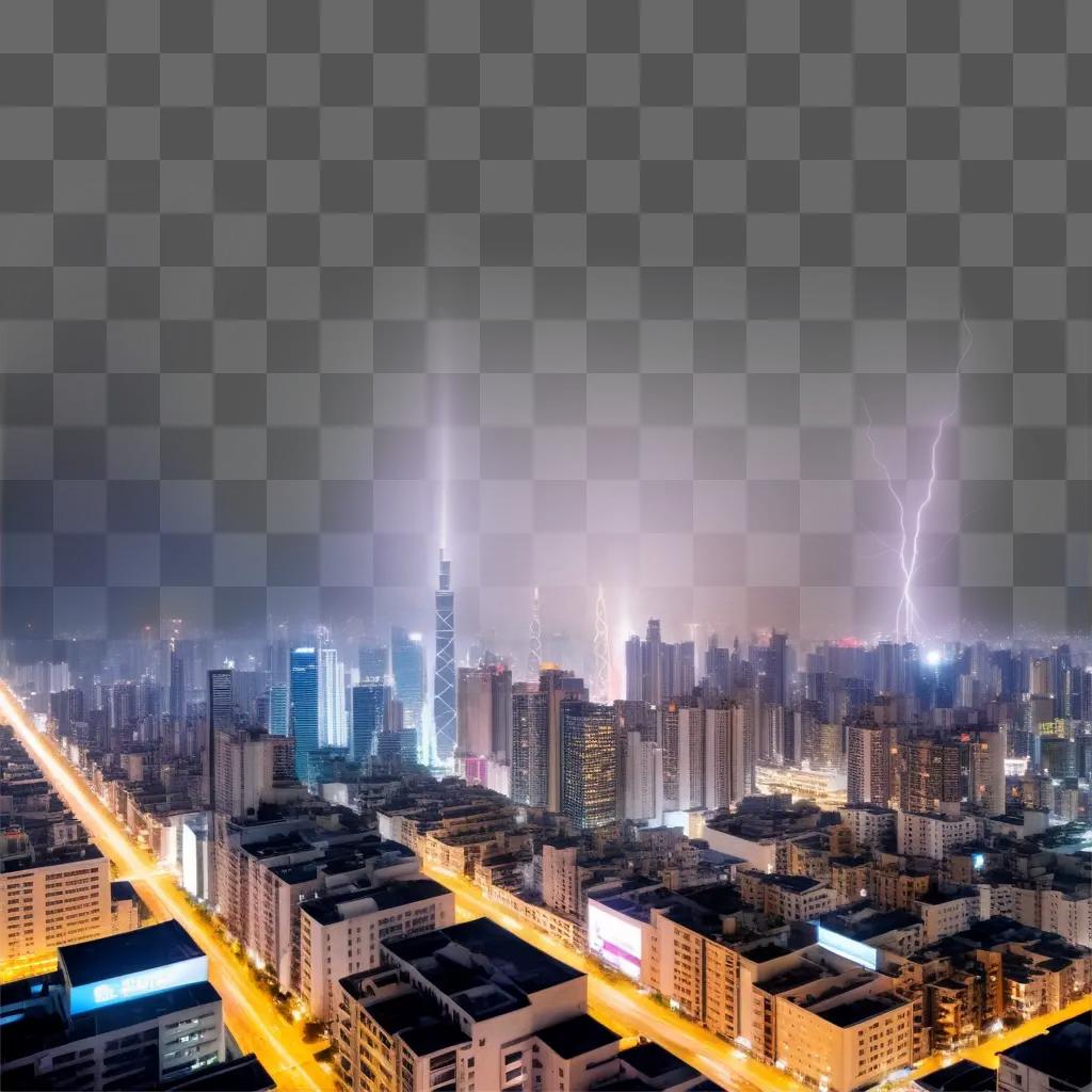 cityscape shows a lightning bolt in the sky