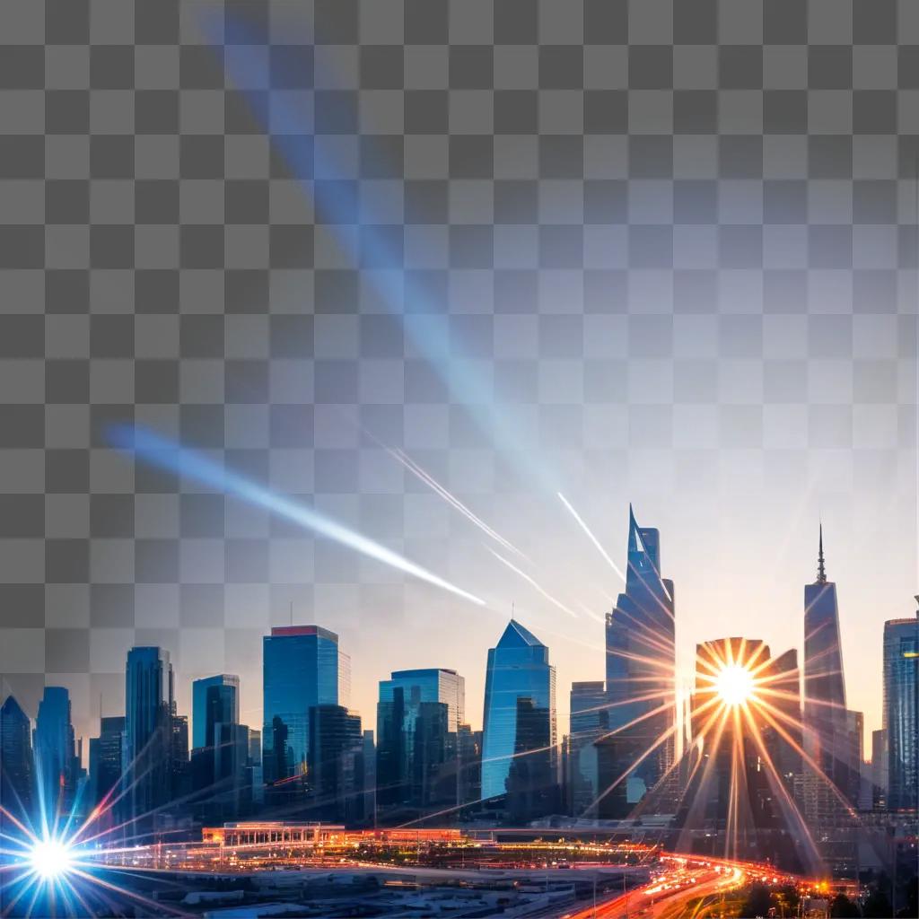 cityscape with a lens flare and a sun