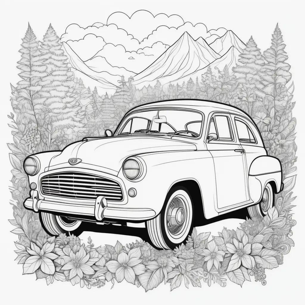 classic car coloring page with mountains in the background