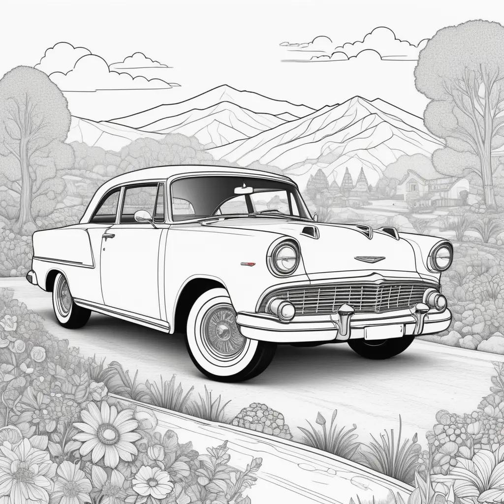 classic car in a coloring book with mountains and flowers