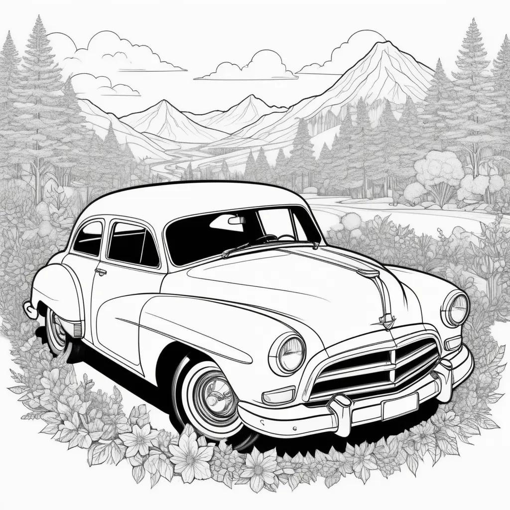 classic car in a landscape with mountains, trees, and flowers