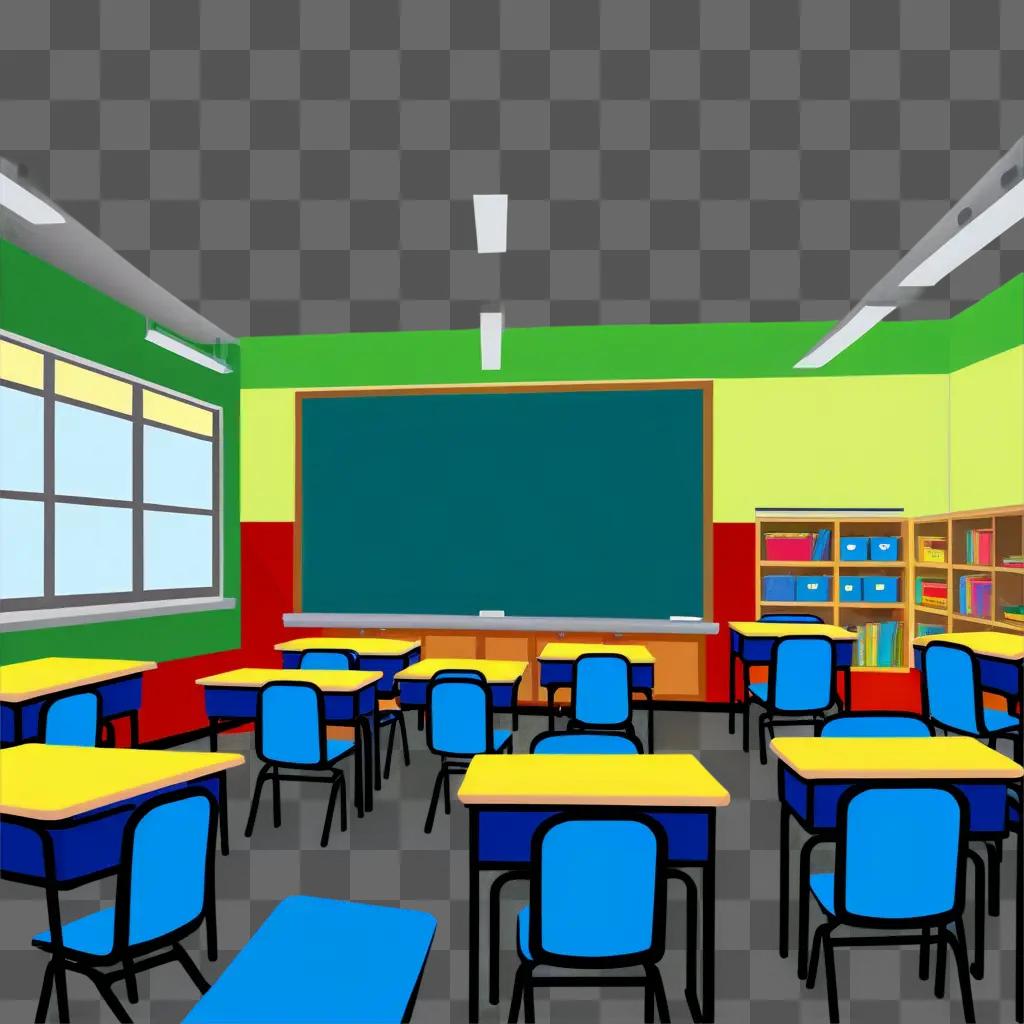 classroom clipart with a chalkboard and blue chairs