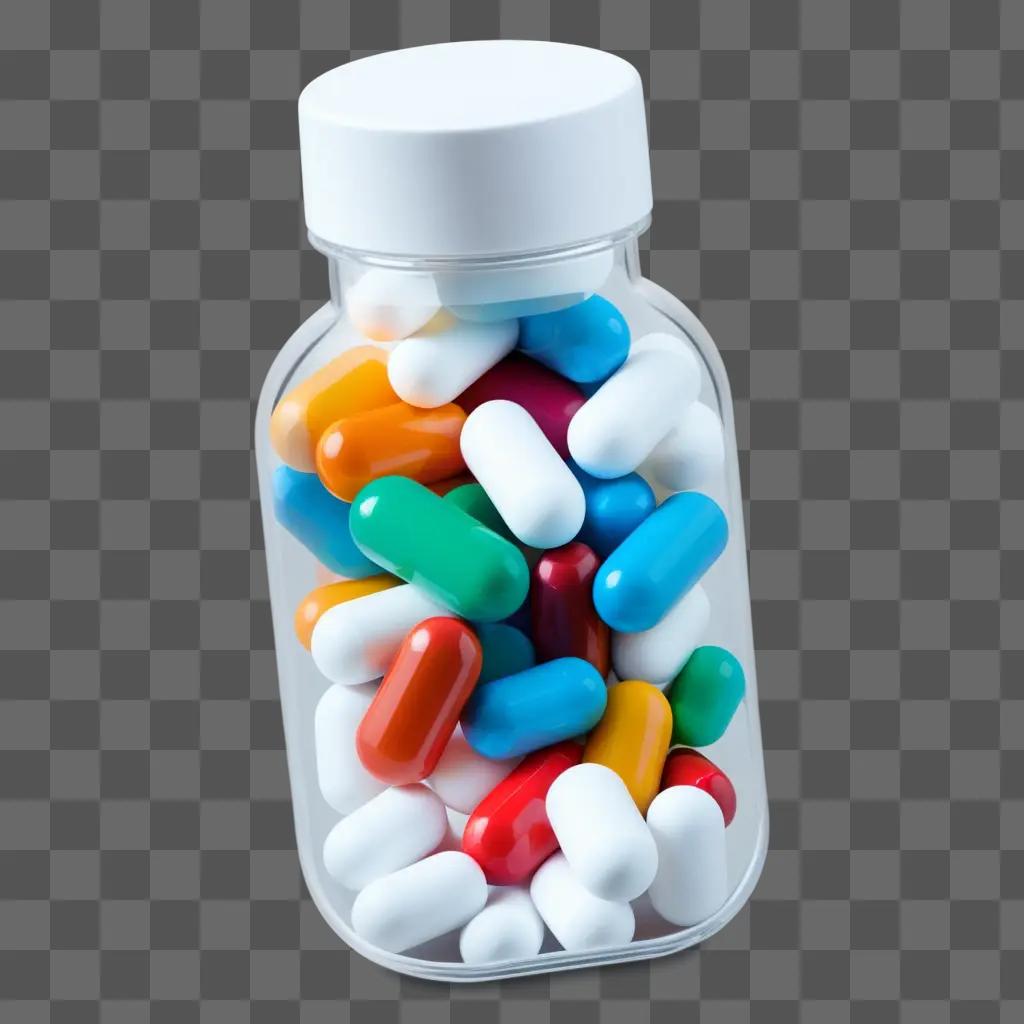 clear bottle full of colorful pills