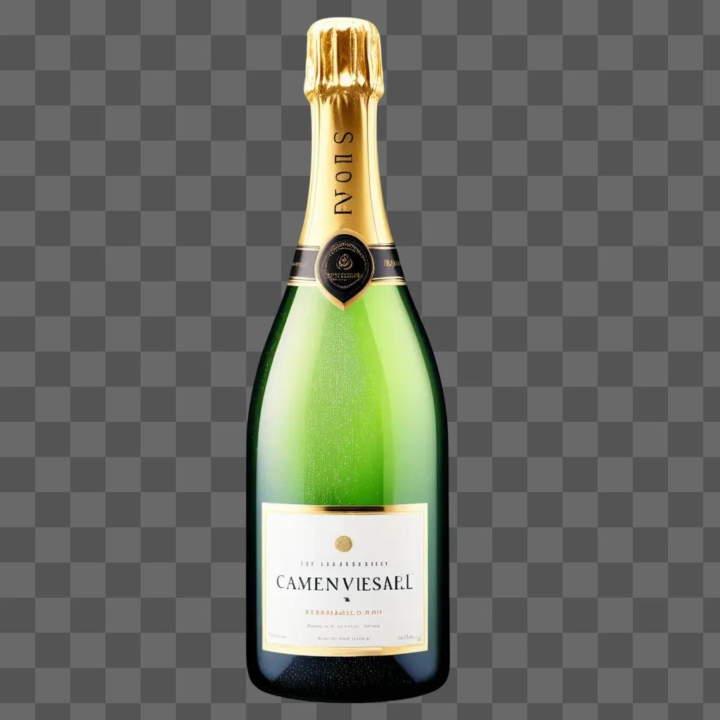 clear champagne bottle sits against a green background