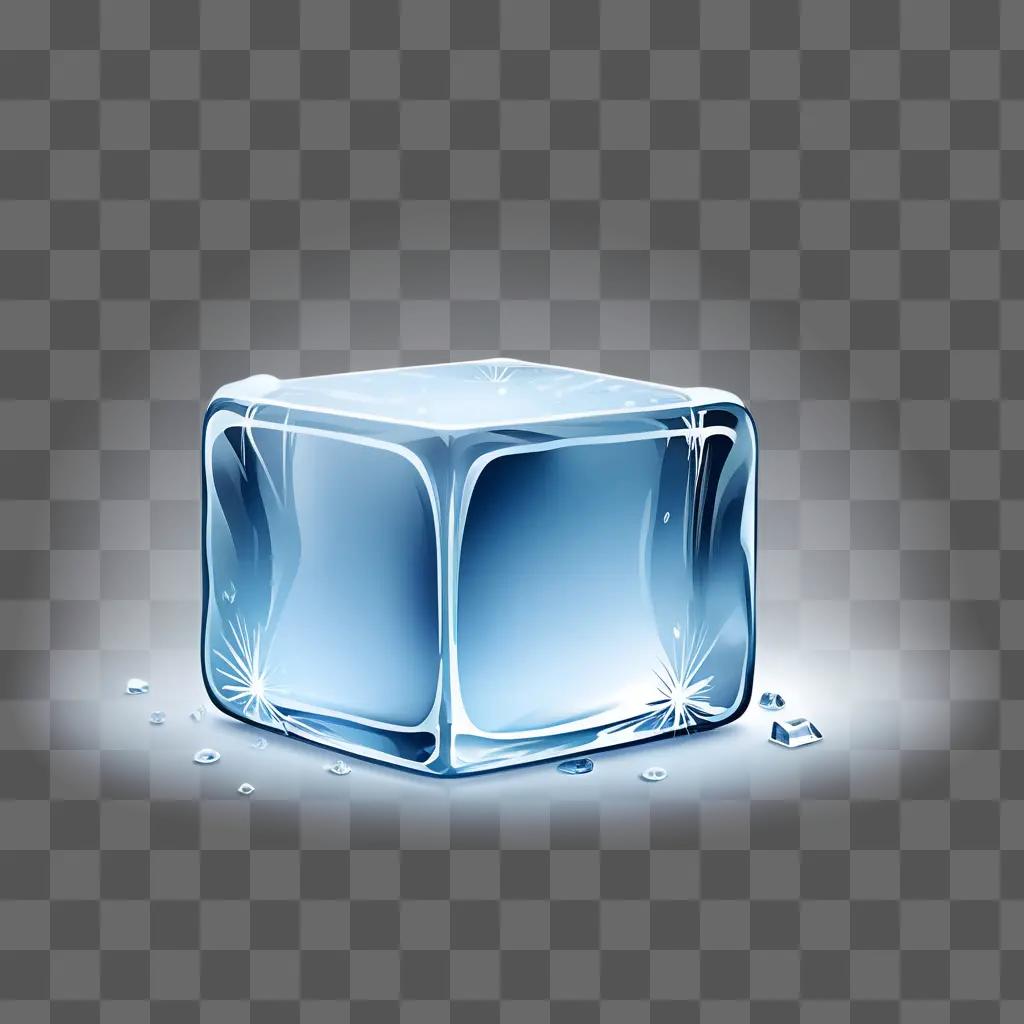 clear ice cube sits on a light blue background