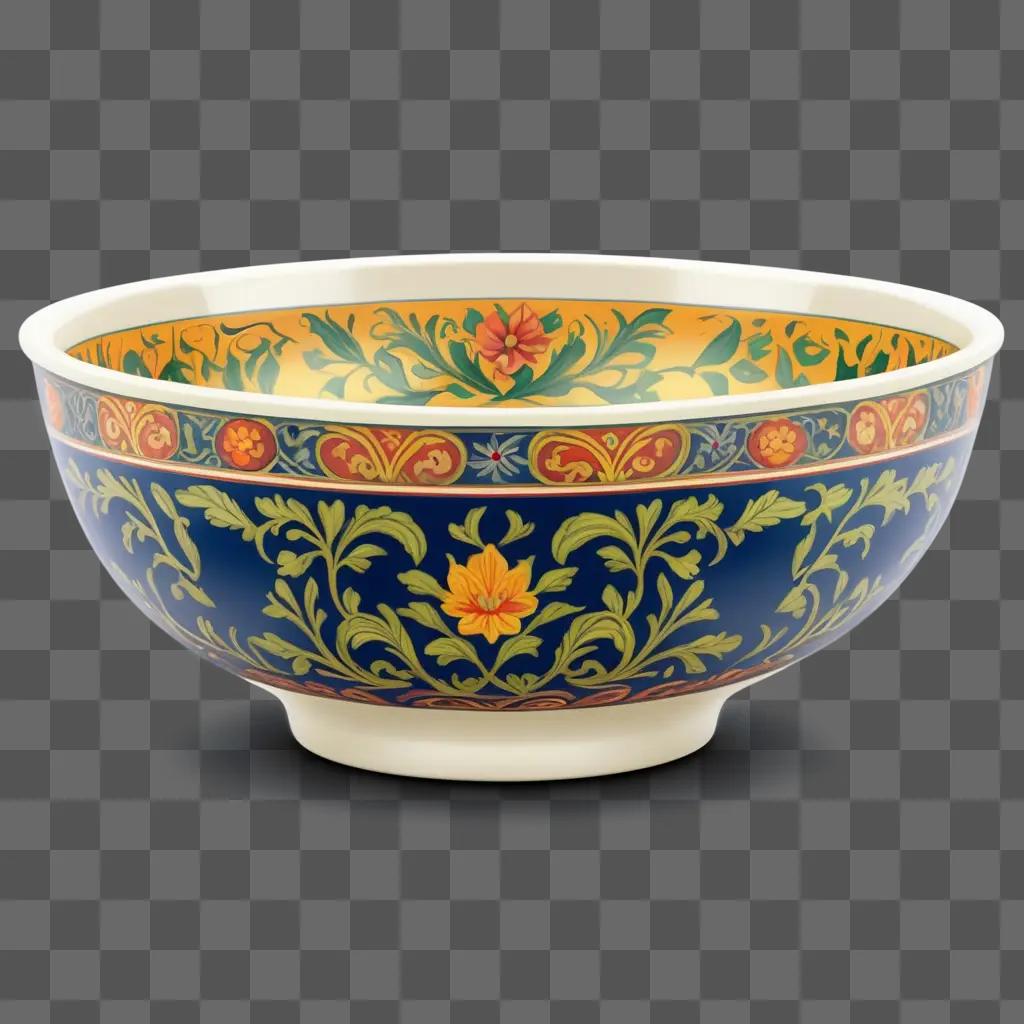 clipart of a blue and yellow bowl with floral designs