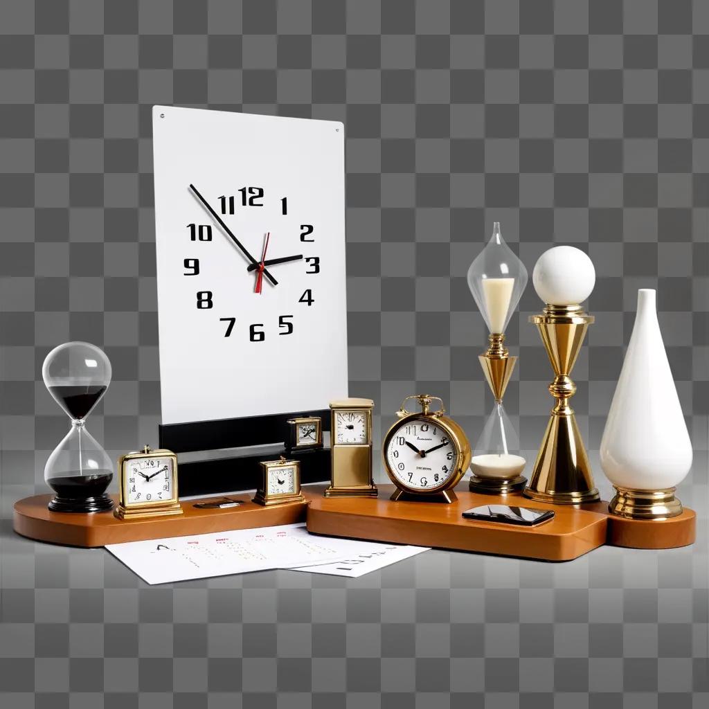 clock and sand timer are on a table with a white background