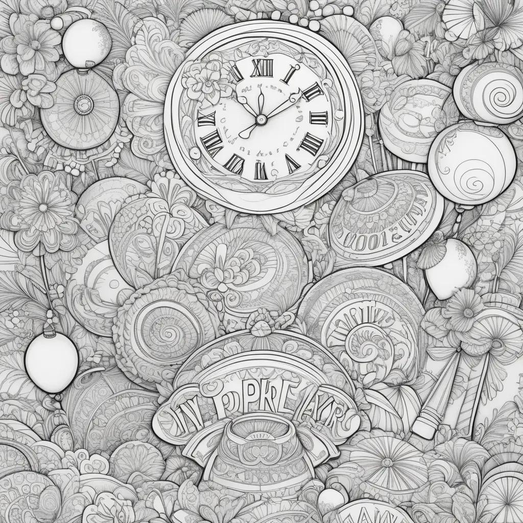 clock in the center of a new year coloring page