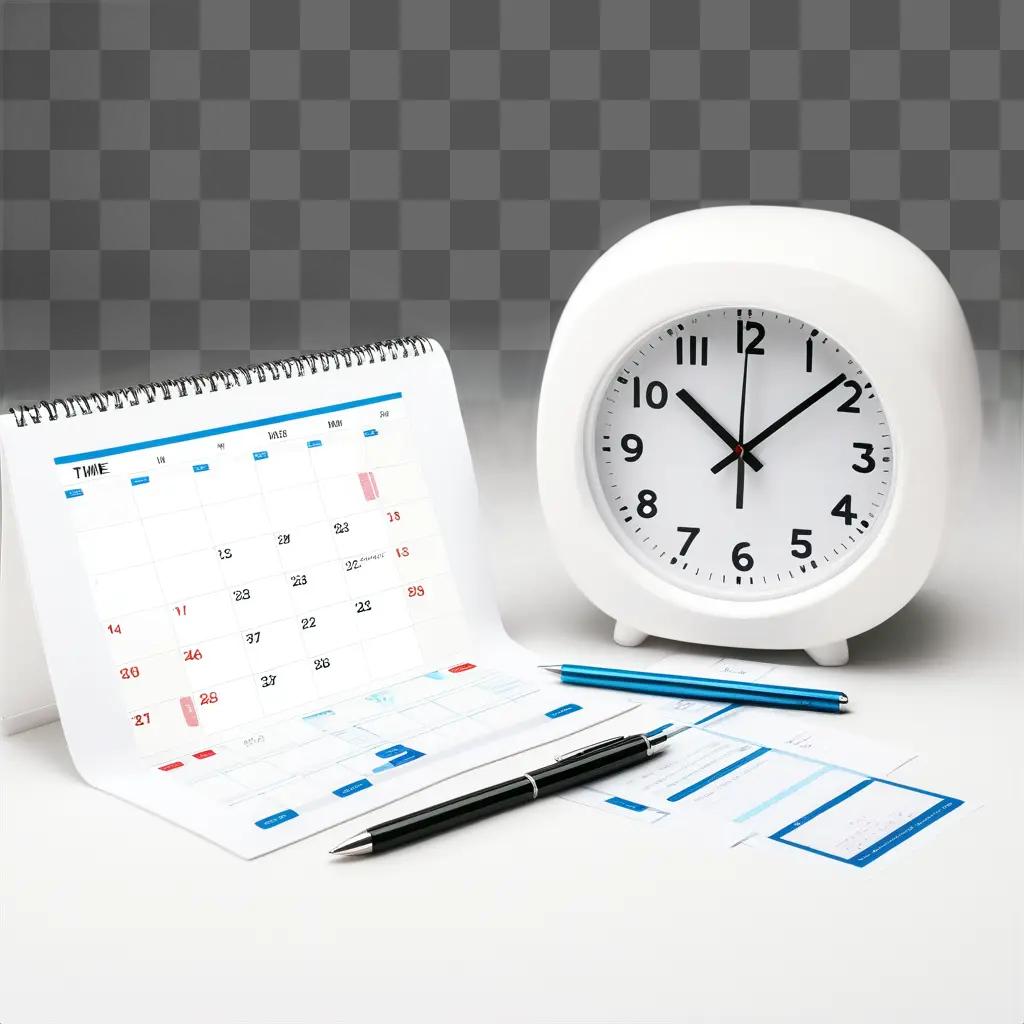 clock sits next to a calendar and a pen