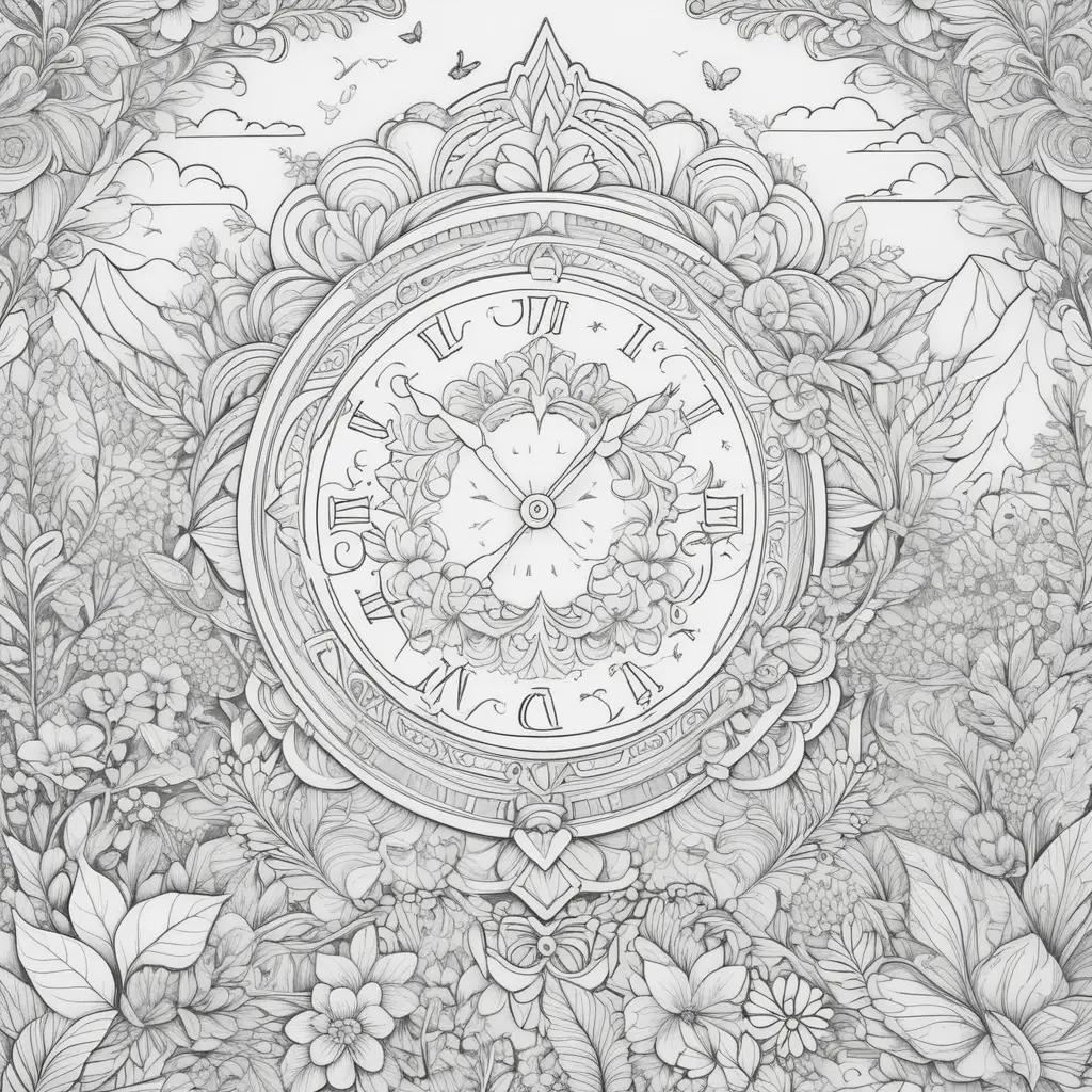 clock surrounded by flowers and butterflies on a motivational coloring page