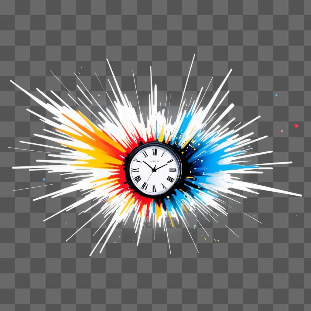 clock with bursts of color in the background