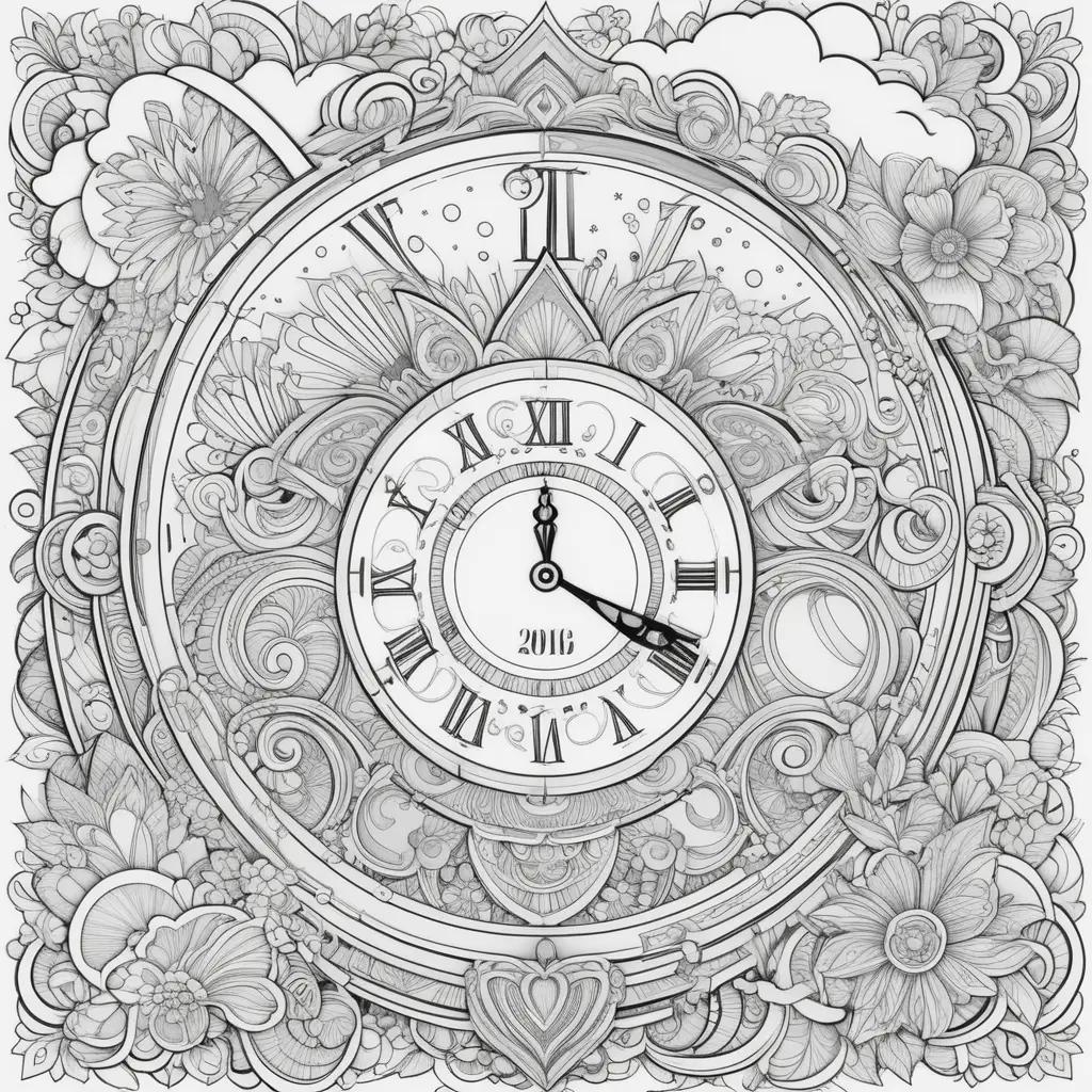 clock with flowers and new year coloring pages