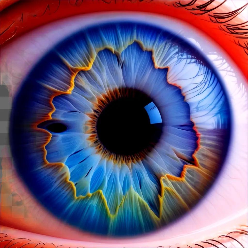 close up of a human eye with blue and orange color