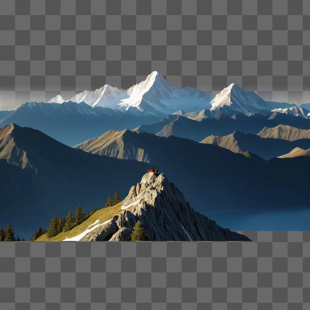 close-up of a mountain peak with a small building on top