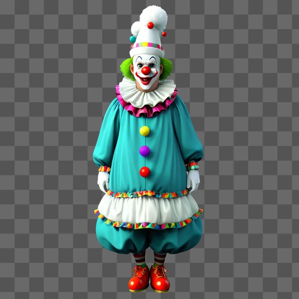 clown in a blue outfit with a white hat and red shoes