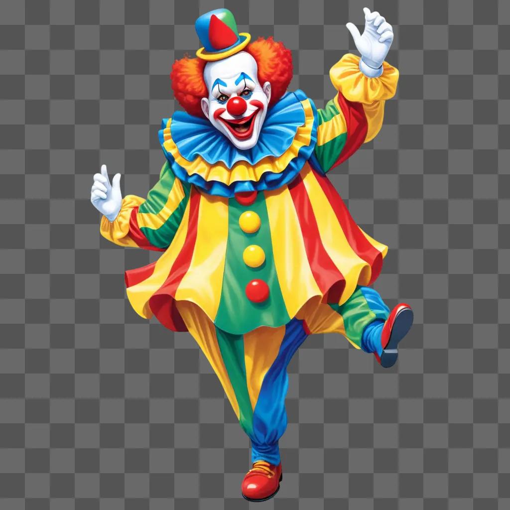 clown in a multicolored suit is standing