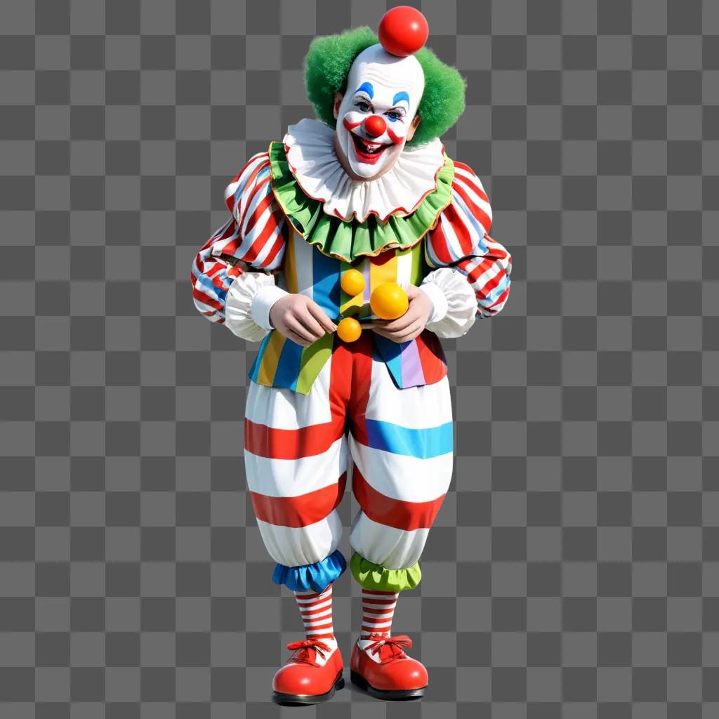 clown in colorful striped pants and red shoes