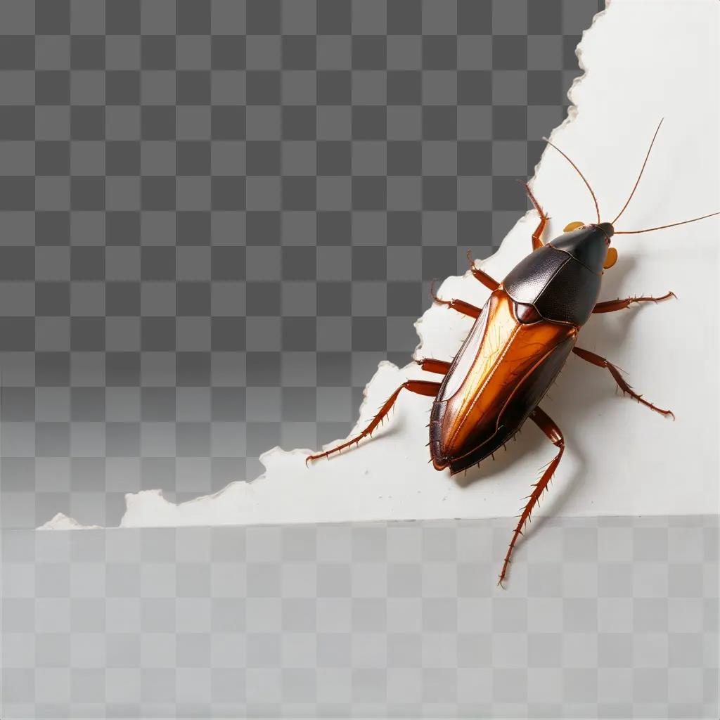 cockroach crawls on a wall behind a piece of paper