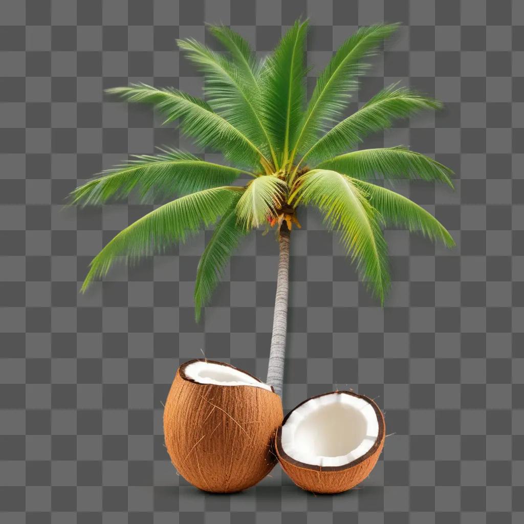 coconut tree and two coconut halves