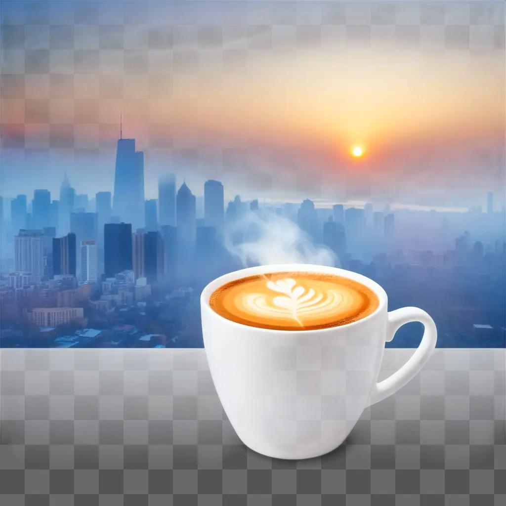 coffee cup with a white design sits in front of a cityscape