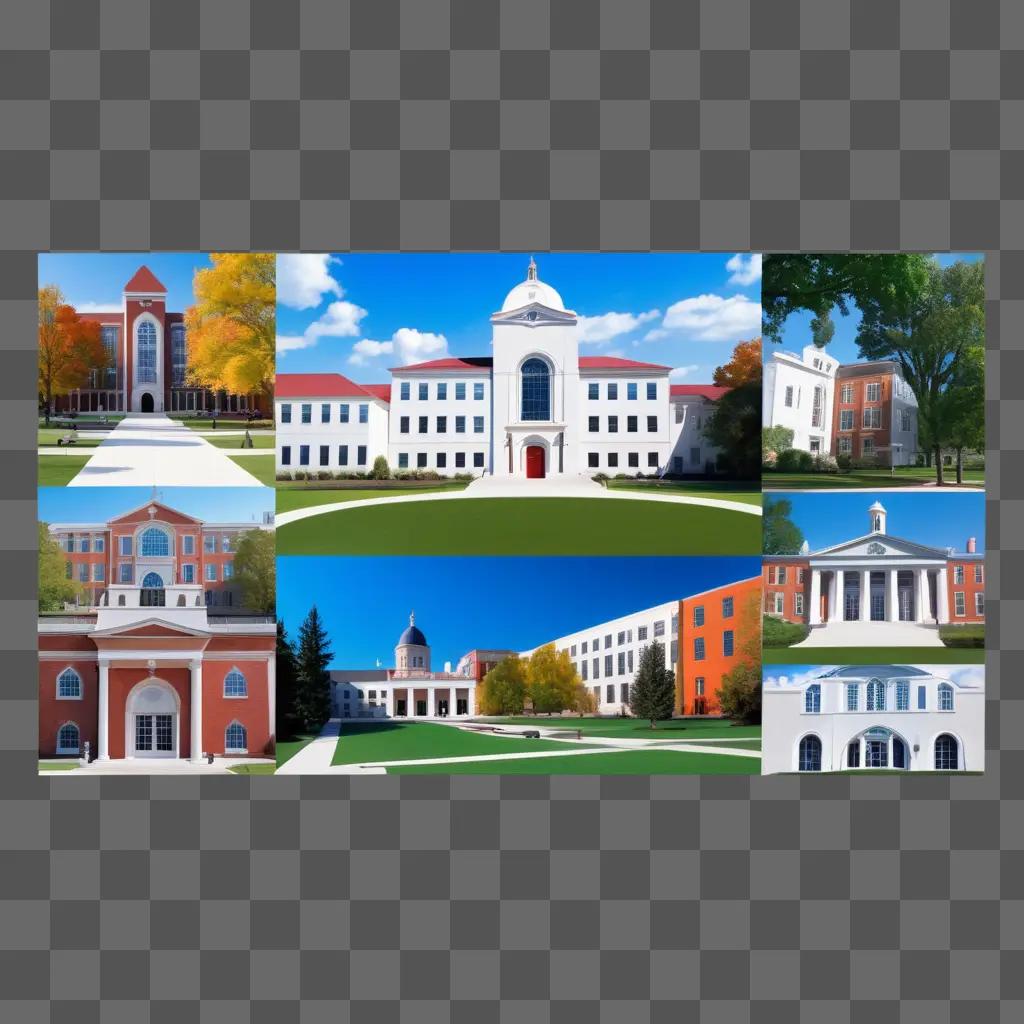 collage of college buildings and a student