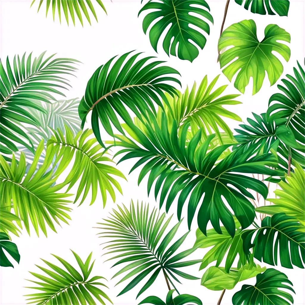 collage of green palm leaves against a white background