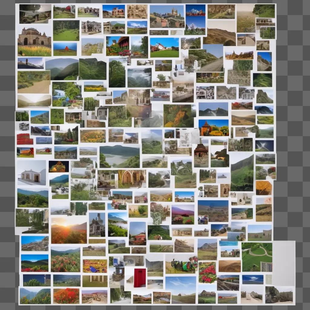 collage of random images with a mountain in the background