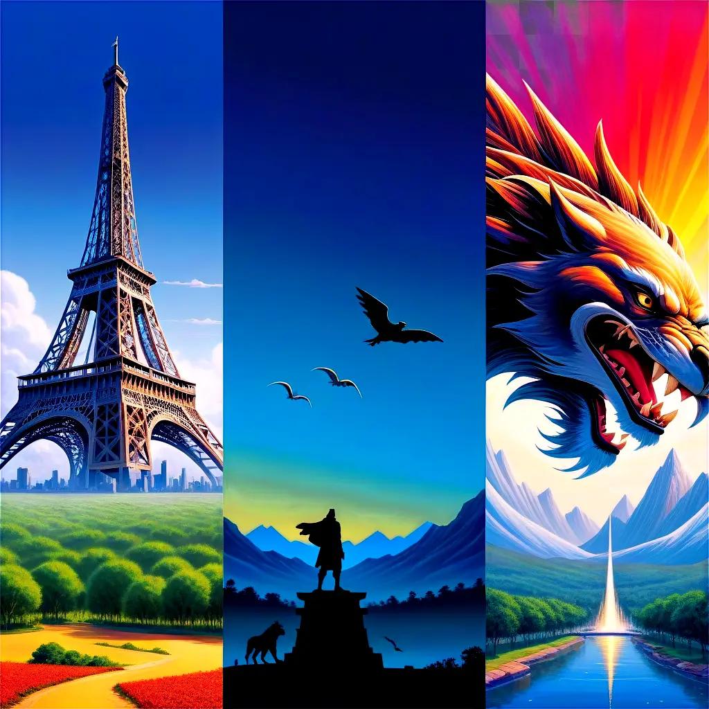 collection of 3D images with a dragon, eiffel tower, and lions