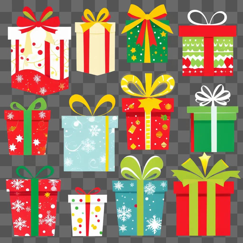 collection of Christmas gift boxes in various colors and patterns