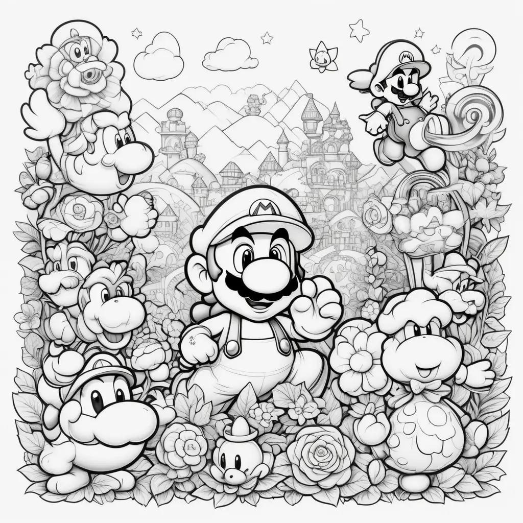 collection of Mario characters on a coloring page